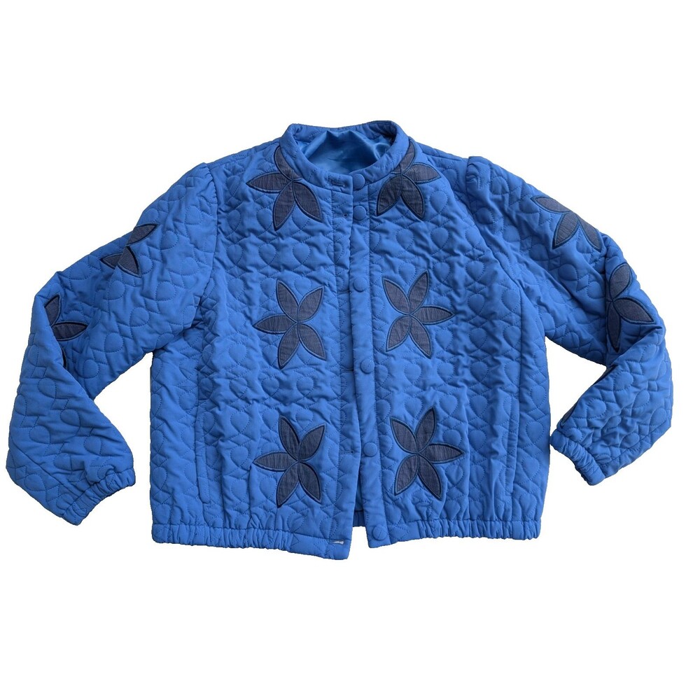 Women's L Blue Cotton Quilted Jacket Floral Applique Snap Front Lightweight
